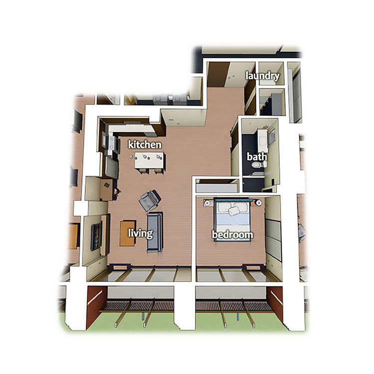 layout diagram of 1 Bedroom 1 Bath apartment