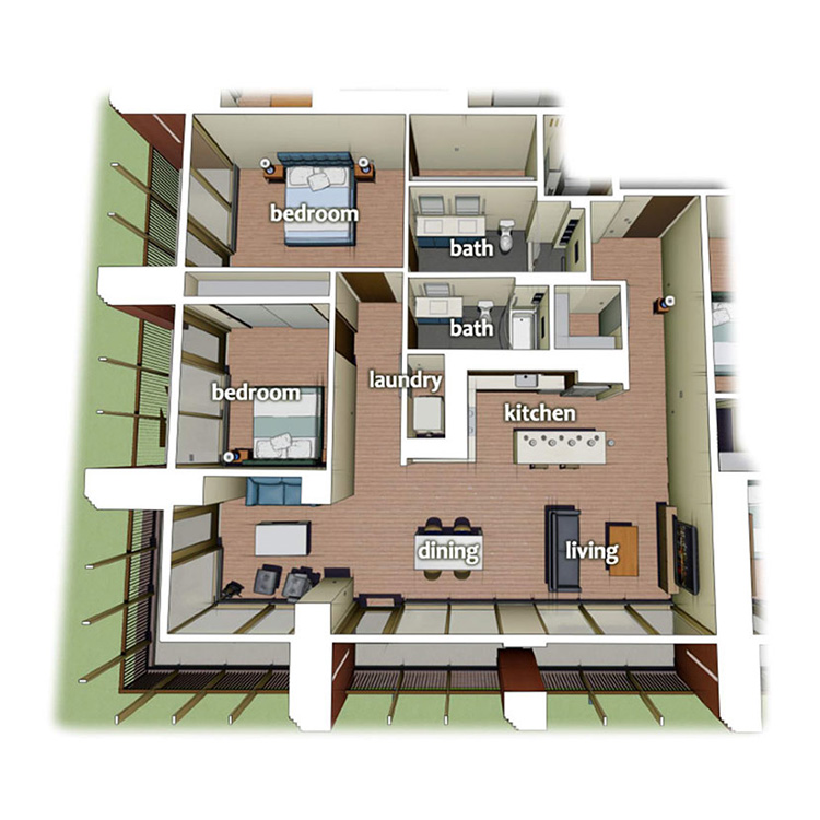 layout diagram of 2 Bedroom 2 Bath apartment on the Corner of building