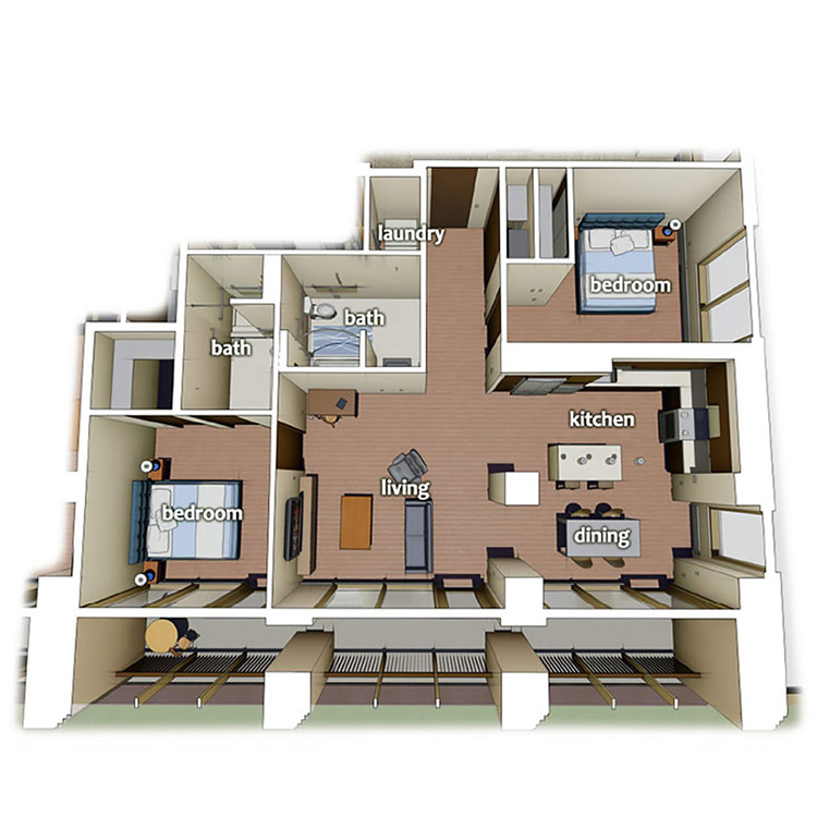 layout diagram of 2 Bedroom 2 Bath apartment on the side of building