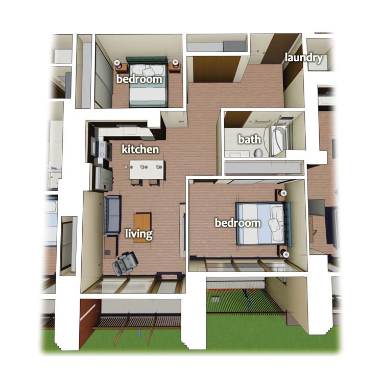 layout diagram of 2 Bedroom 1 Bath apartment on the side of building